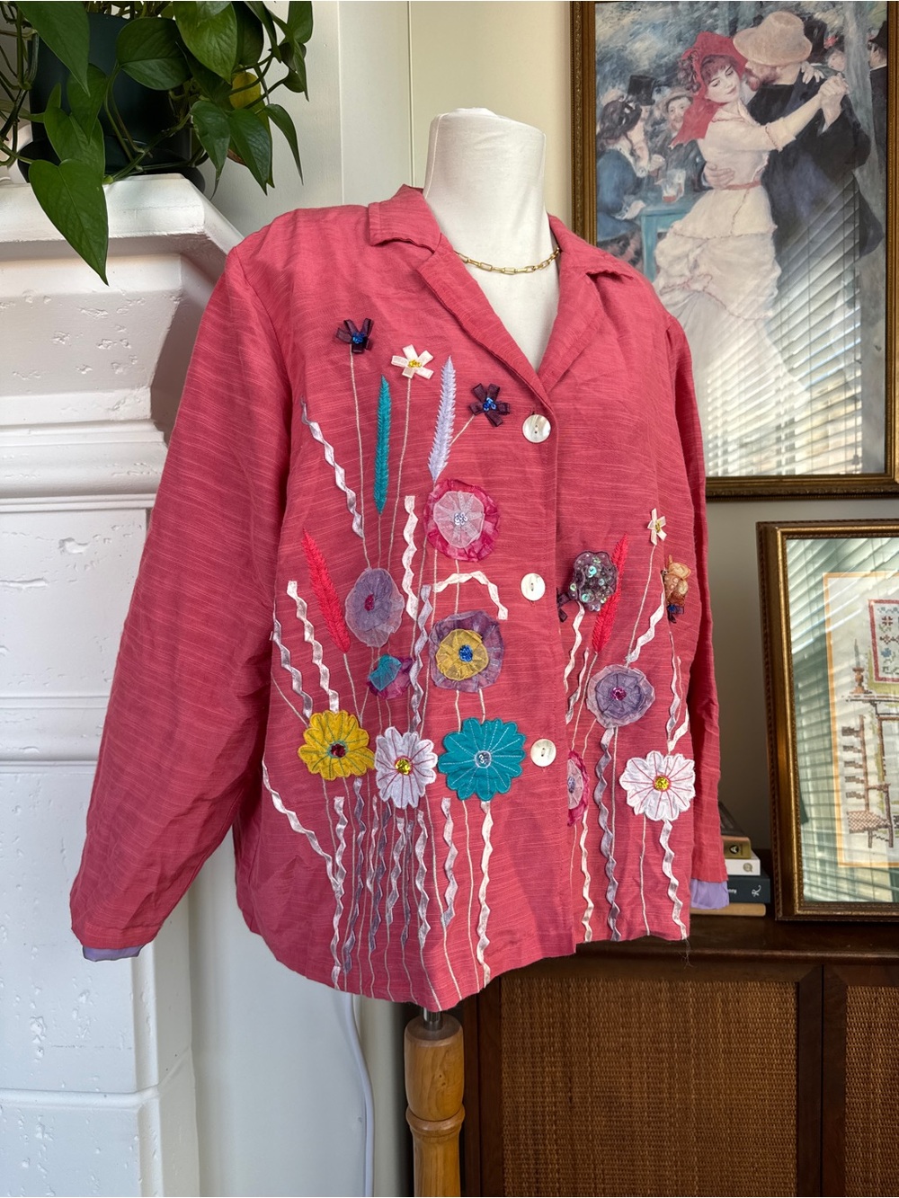 Indigo Pink Embroidered Floral Blazer